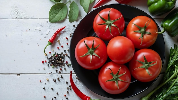 Tomates rouges biologiques fraîches dans une assiette noire sur une table en bois blanc avec du piment vert et rouge