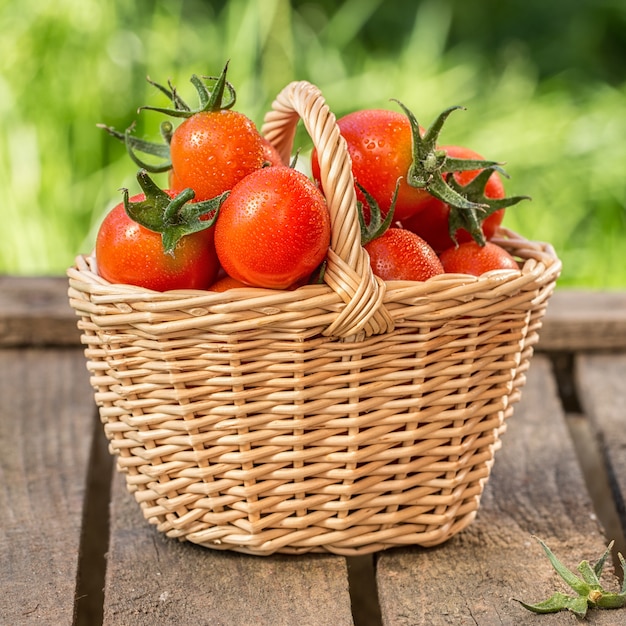 Tomates rouges dans un panier en osier sur une table en bois