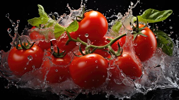 Tomates rouges fraîches éclaboussées d'eau sur fond noir et flou