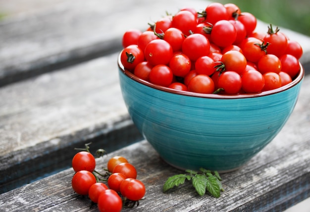 Tomates rouges mûres dans un bol bleu