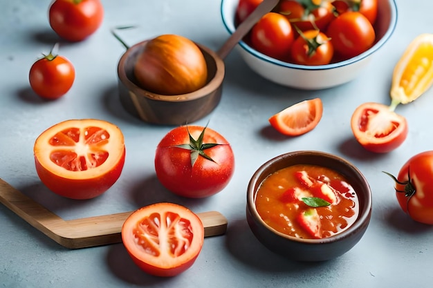 Photo les tomates et la soupe sont sur une table, dont l'une est une tomate.