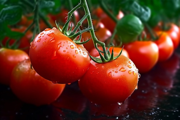 Tomates sur une surface noire avec des gouttelettes d'eau dessus