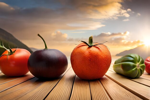 Tomates sur une table en bois avec un coucher de soleil en arrière-plan