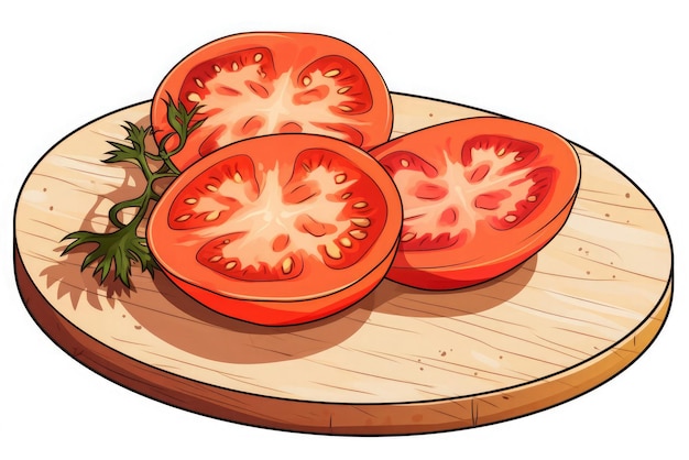 Photo des tomates tranchées sur une planche en bois style manga autocollant d'illustration vectorielle contour noir