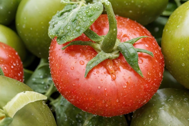 Tomates vertes et rouges avec des gouttelettes d'eau générées par AI