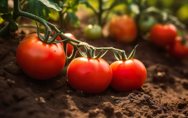 Tomates sur la vigne dans le sol