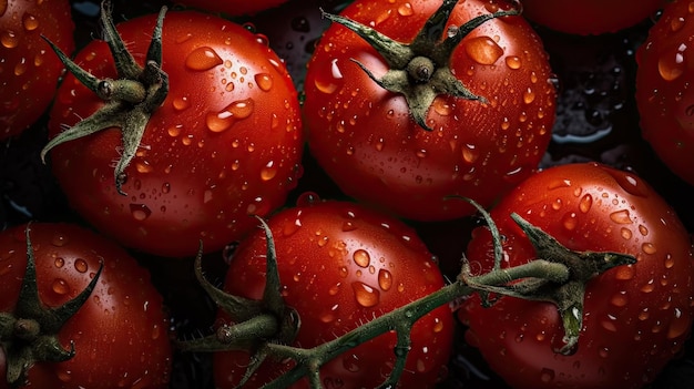 Tomates sur une vigne avec des gouttes d'eau dessus