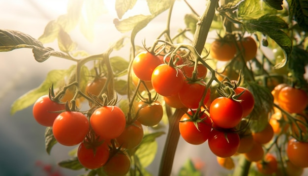 Tomates sur une vigne avec le soleil qui brille dessus