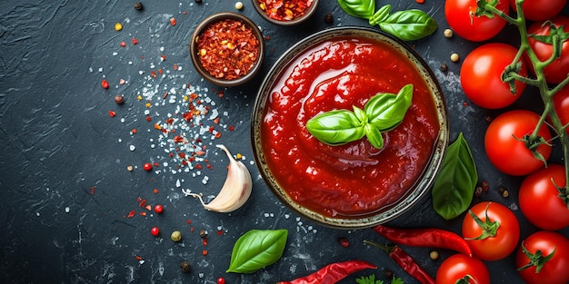 Photo tomato ketchup sauce in a bowl with chili basil and tomatoes ingredients for cooking ketchup on da