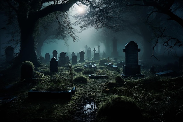 Tomb dans le vieux cimetière la nuit avec le brouillard