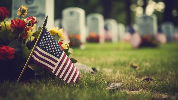 Une tombe avec un drapeau américain et des fleurs colorées est visible en arrière-plan pour le jour du souvenir