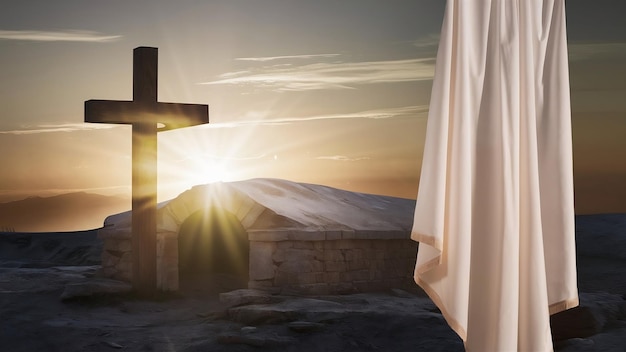 Tombe vide et croix vide au lever du soleil avec manteau blanc sur le côté droit