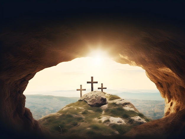 Tombeau vide et croix sur la montagne au lever du soleil Jésus résurrection