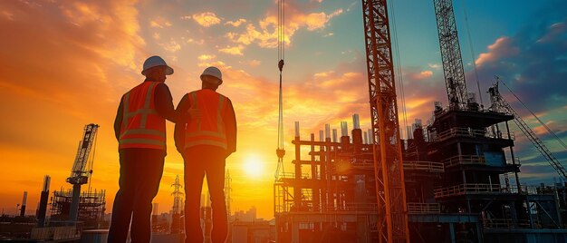 À la tombée de la nuit, deux ingénieurs de la construction débattent de plans de travail sur la toile de fond de grandes grues de construction.