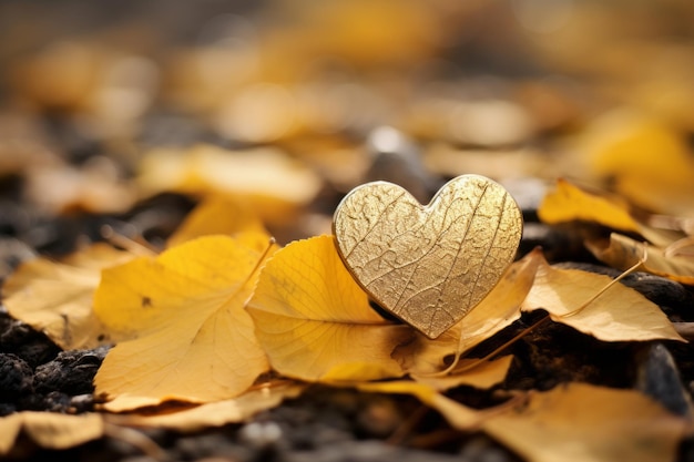 Tomber amoureux de la nature Capturer la beauté des feuilles d'automne dorées et des beaux cœurs de Saint-Valentin