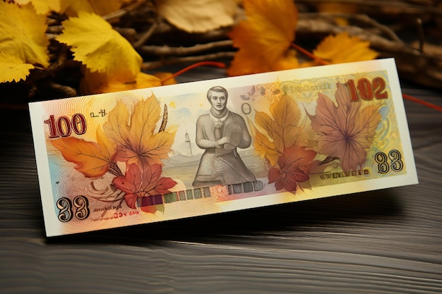 Tomber pour l'automne Exquis 1997 Billets de banque de la Banque de Russie 100 et 50 roubles au milieu de feuilles d'or