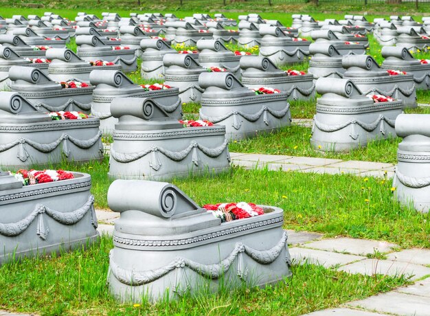 Tombes dans l'herbe du cimetière et chemins qui les entourent