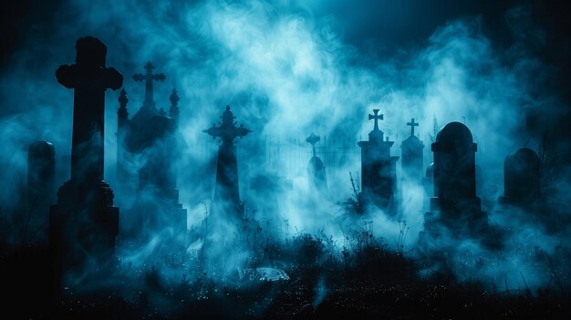 Photo des tombes effrayantes dans un brouillard dense une scène de cimetière effrayante