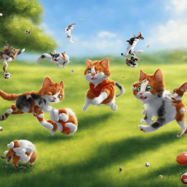 Photo tomjerry_and_cat_with_play_football_in_the_field_tota_