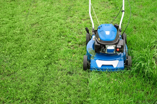 Tondeuse à gazon coupe de l'herbe Petites boutures d'herbe volent hors de la tondeuse À l'extérieur d'une tondeuse, des coupures d' herbe sont jetées par un paysagiste.