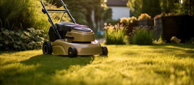 Photo une tondeuse à gazon dans un beau jardin