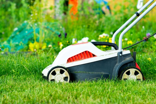 Tondeuse à gazon électrique sur l'herbe verte