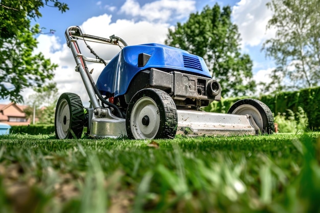 Une tondeuse à gazon est utilisée pour tondre l'herbe et le ciel bleu avec des nuages en arrière-plan