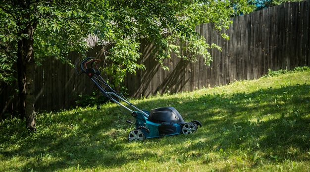 tondeuse à gazon sur l'herbe verte