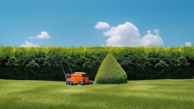 Tondeuse à gazon orange avec de l'herbe verte et du ciel Arrière-plan de pelouse d'été IA générative