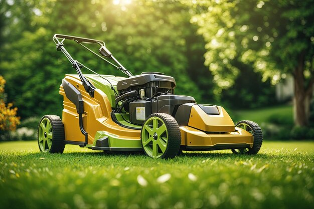 tondeuse à gazon sur pelouse verte avec herbe fraîche générative ai extérieure