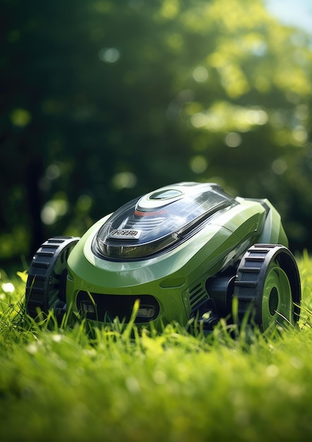 Tondeuse à gazon robot sur l'herbe verte dans le jardin du village Generative Ai