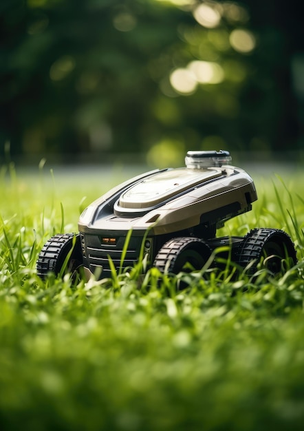 Tondeuse à gazon robot sur l'herbe verte dans le jardin du village Generative Ai