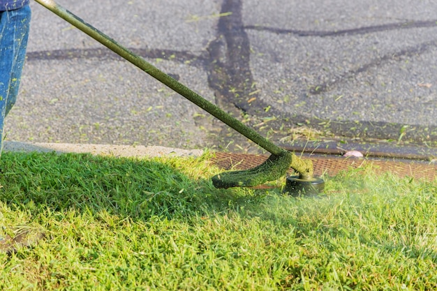 Tondeuse à gazon travailleur homme coupant l'herbe en bordure de route