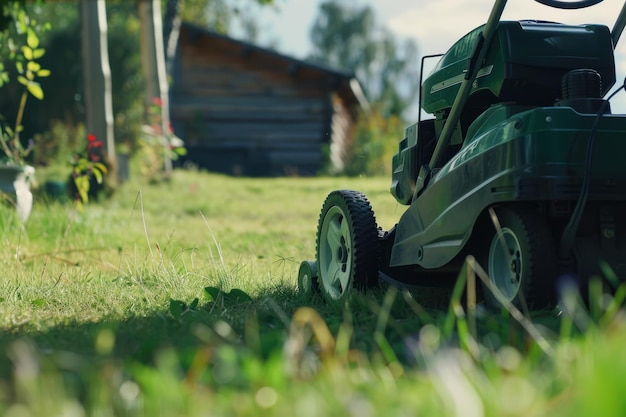 La tondeuse à gazon verte se tient sur la pelouse à la campagne