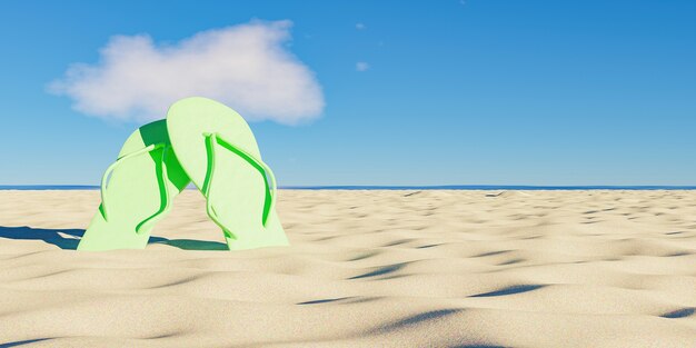 Tongs allongé sur le sable de la plage avec la mer en arrière-plan