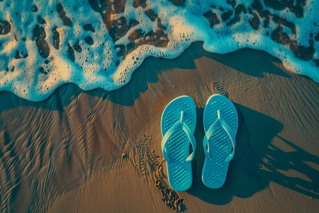 Des tongs bleus sur un fond d'été de plage