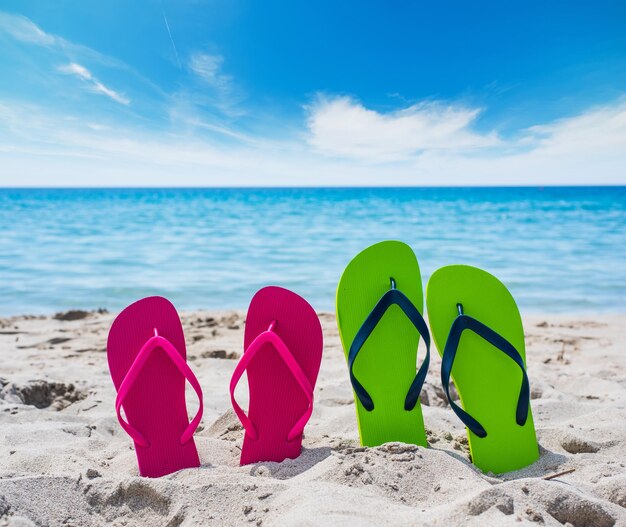 Tongs colorées sur le sable