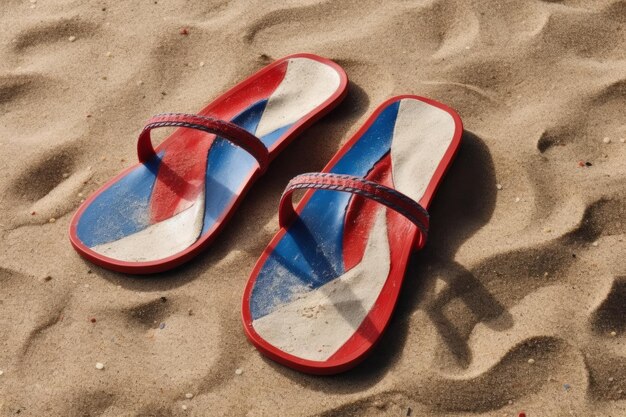 Des tongs rouges, blanches et bleues sont sur le sable.