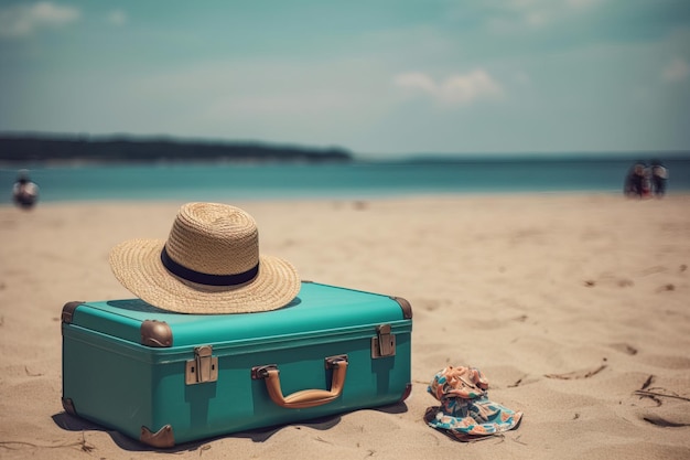 Tongs valise turquoise et chapeau de paille sur l'espace de plage de sable pour le texte