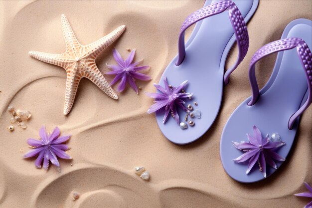 Des tongs violets chics au milieu des étoiles de mer et des coquillages sur les côtes sablonneuses