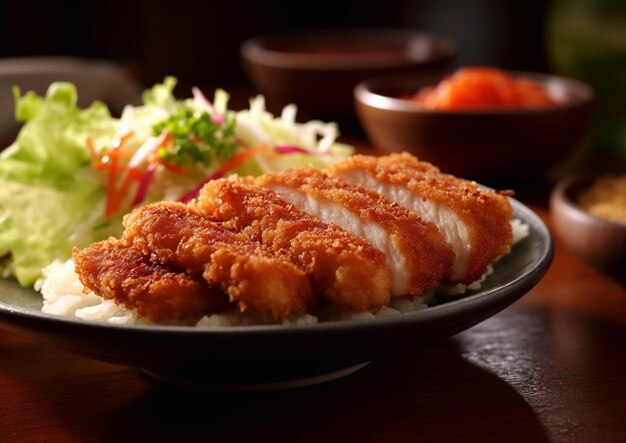 Tonkatsu porc et riz avec des légumes et de la sauce sur la table