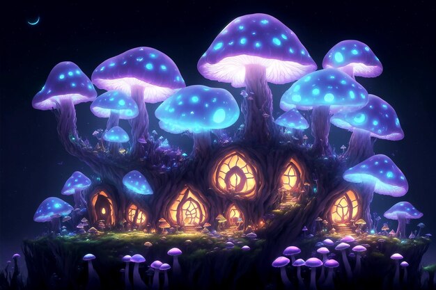 Étonnante maison de champignons de dessins animés sombres sur un pré au milieu de la forêt magique d'horreur illustration 3D