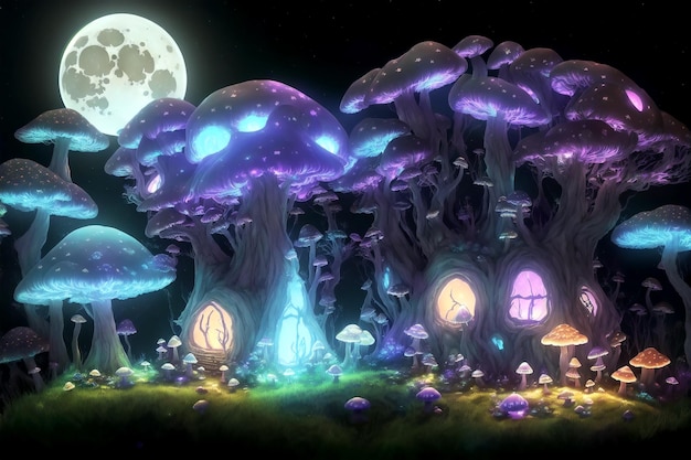 Étonnante maison de champignons de dessins animés sombres sur un pré au milieu de la forêt magique d'horreur illustration 3D