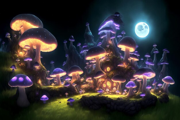 Étonnante maison de champignons de dessins animés sombres sur un pré au milieu de la forêt magique d'horreur illustration 3D