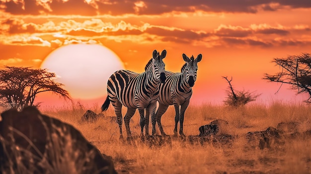 Étonnants zèbres africains au coucher du soleil concept Une photographie professionnelle doit utiliser une IA générative de haute qualité