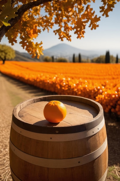 Un tonneau de chêne avec des oranges et des montagnes en arrière-plan