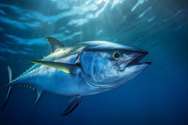 Tonneau à nageoires bleues sous l'océan IA générative