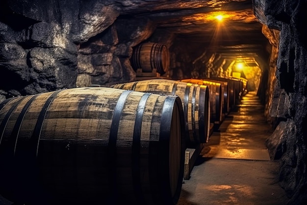Tonneaux pour le stockage du vin dans une ancienne cave souterraine Concept de caves à vin