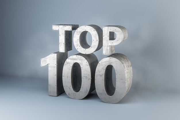 Top 100 meilleur panneau de récompense en béton et fer sur fond gris clair abstrait rendu 3D