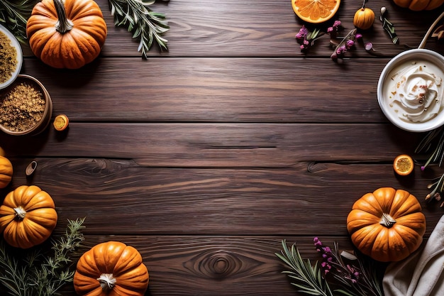 Top Shot des citrouilles et des herbes sur un modèle de table en bois